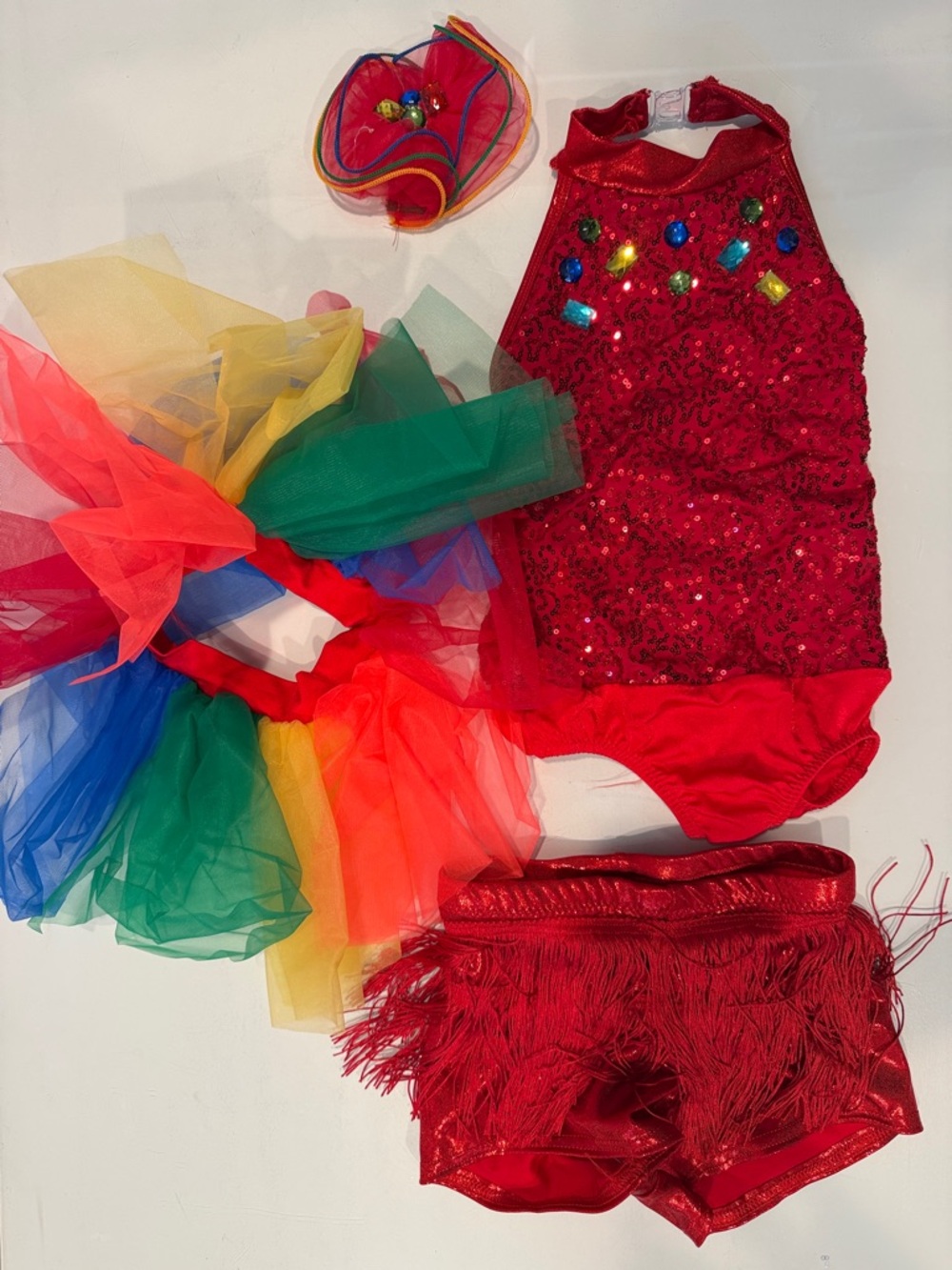 Girls Red Sequin Dance Costume with Rainbow Tutu and Fringe Shorts